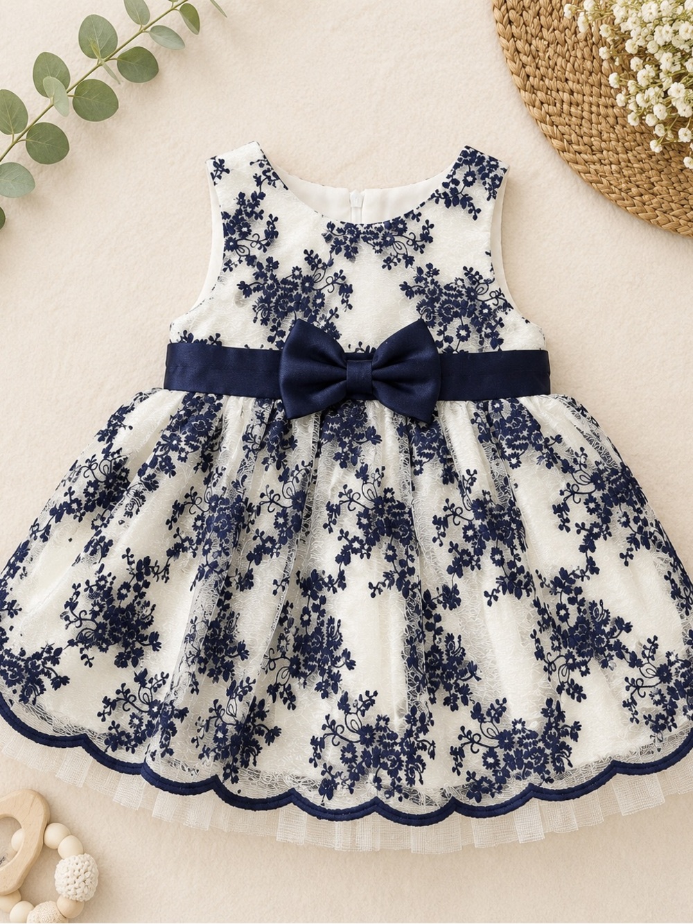 American Princess White and Navy Floral Lace Bow Infant Dress